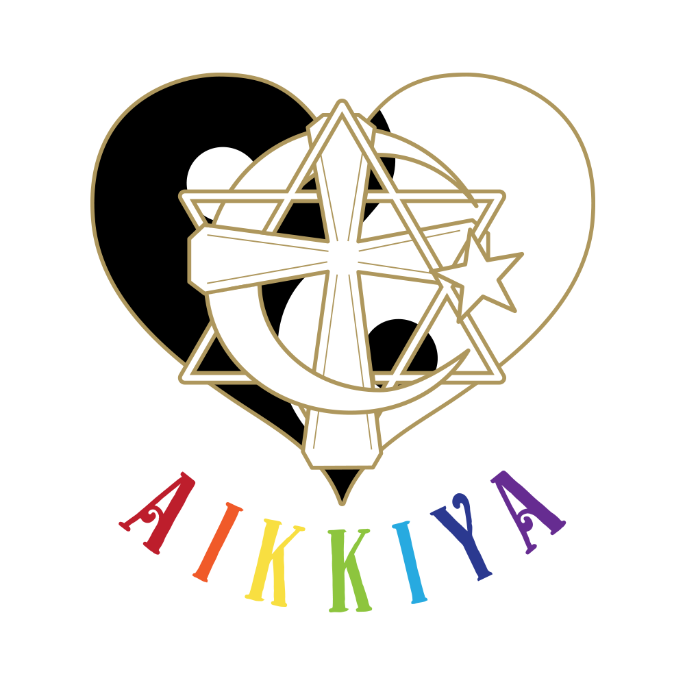 Heart, Yin and Yang, Cross, Star of David, Cross, Half moon and star inbeded with each other. The name Aikkiya underneath with rainbow colours