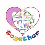 Heart in red, Yin and Yang in pink and white, Cross in blue, Star of David in yellow, Half moon and star in green inbeded with each other. Together written underneath with rainbow colour