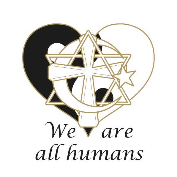 Heart in gold, Yin and Yang black and white, Cross in gold, Star of David in gold, Half moon and star in gold inbeded with each other. "We are all humans" underneath the logo in black